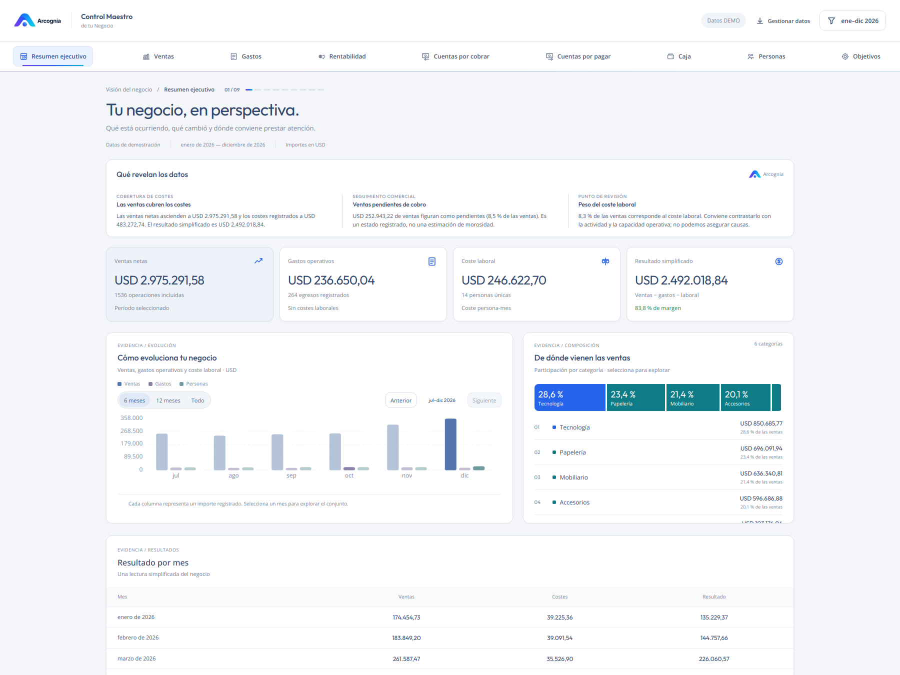 Resumen de Control Maestro de tu Negocio con datos de ejemplo